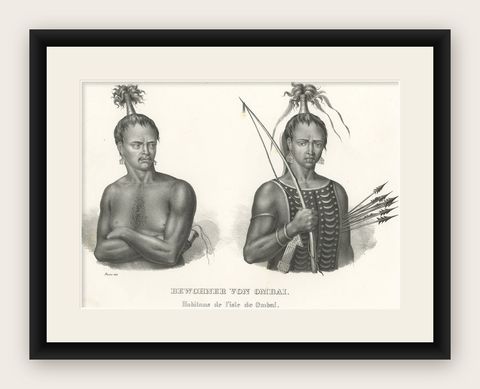 Antique Print of Warriors from Ombai Island, Alor, Archipel, Indonesia, ca.1845, shown framed