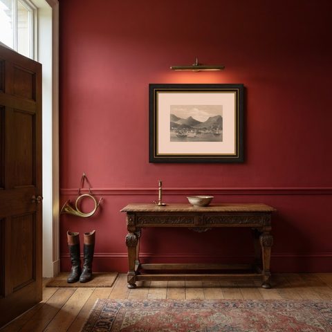 Old Military Scene of Dutch Ships Bombing Atchin in Sumatra, Indonesia, 1784, shown framed in a room, true to size