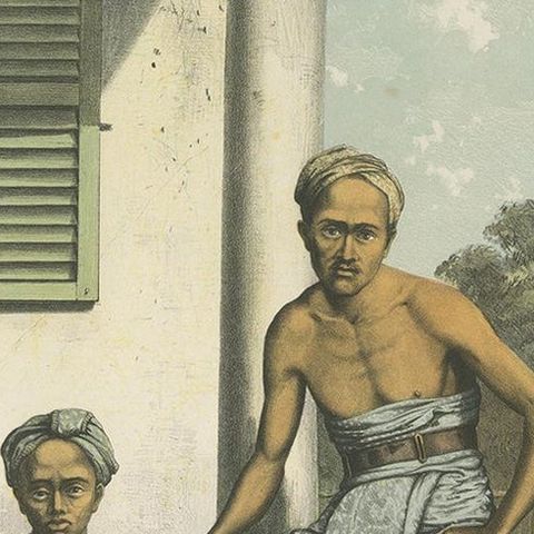Antique Print of Javanese Stableboys by Van Pers, circa 1850, close-up 2