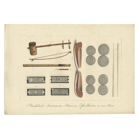 Print of Musical Instruments and Other Items of Java by Hurter 'circa 1830'
