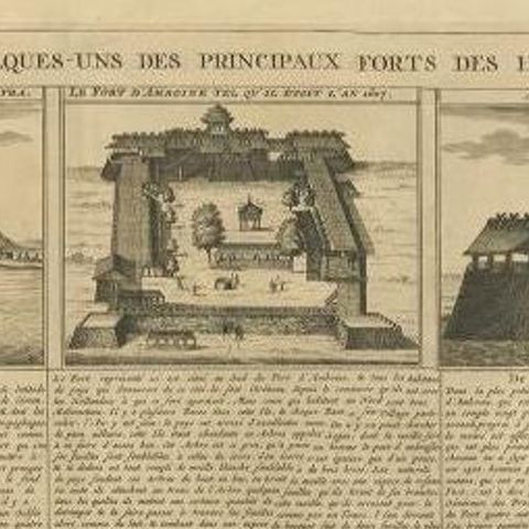 Antique Print of Forts and Views of the East Indies by Chatelain (1719), close-up 1