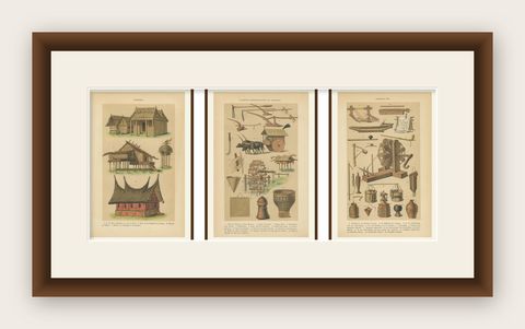 Antique Javanese Prints, Houses, Farming Tools & Household Utensils, c.1860, shown framed