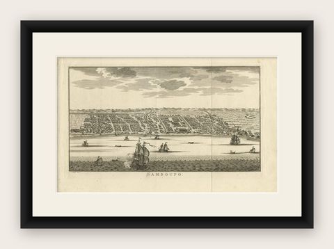 Antique Print of Samboupo ‘Sulawesi, Indonesia’, 1750, shown framed