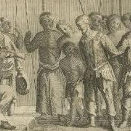 Antique Print of Captured Dutch Colonists in Asia by Valentijn, 1726, close-up 1