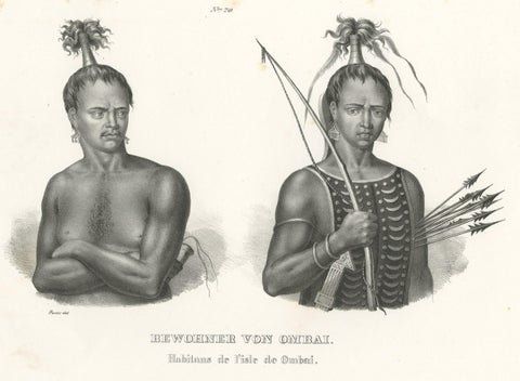Antique Print of Warriors from Ombai Island, Alor, Archipel, Indonesia, ca.1845, close-up 1