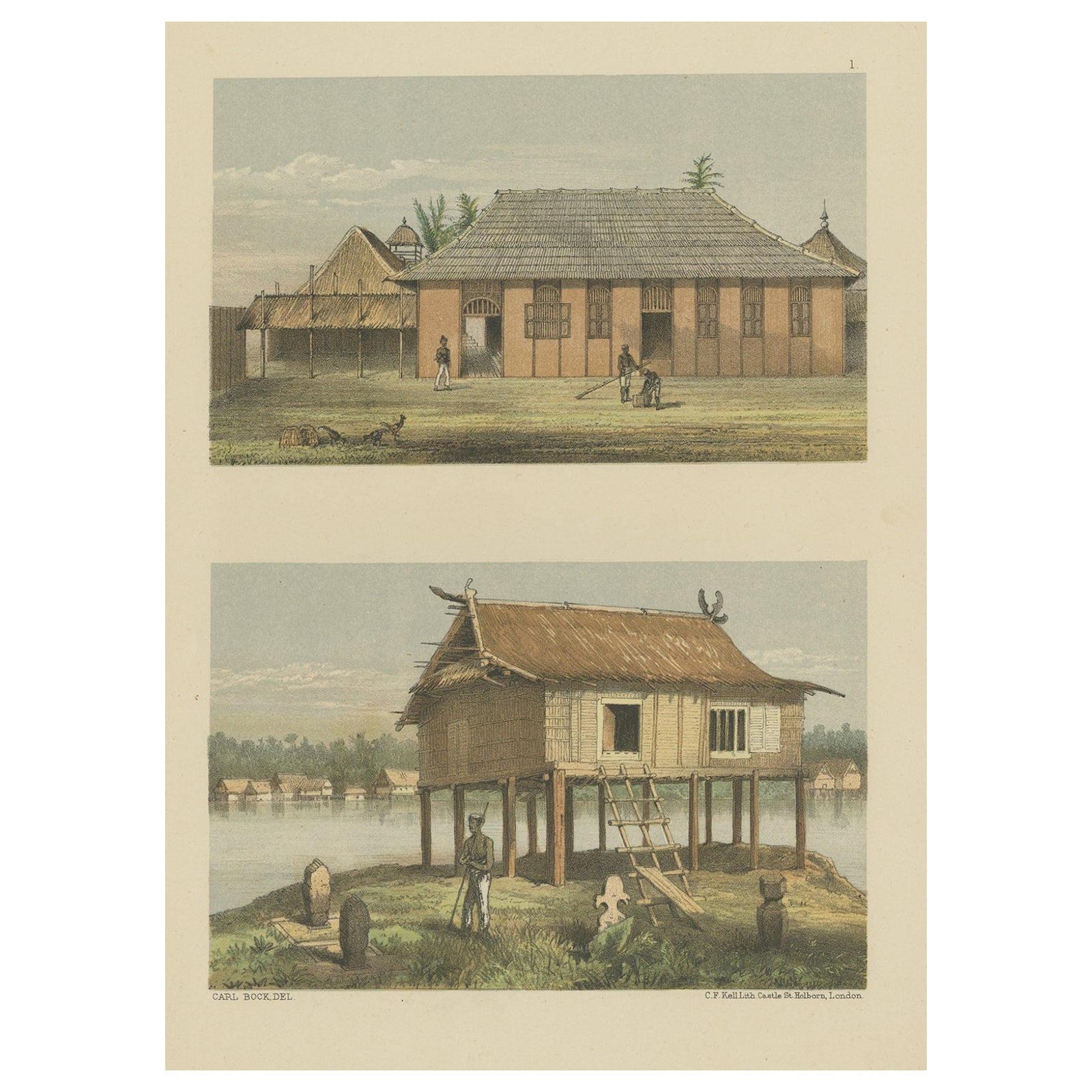 Antique Print of a Malayan Houses in Sumatra, Indonesia, 1881
