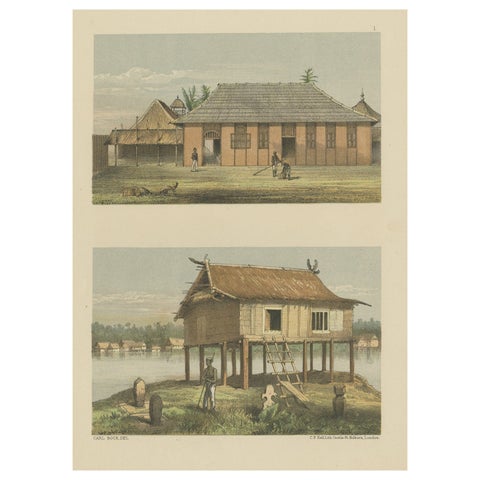 Antique Print of a Malayan Houses in Sumatra, Indonesia, 1881
