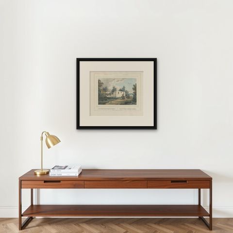 Antique Print of a Church in Saparoea, Indonesia, circa 1845, shown framed on a wall, true to size