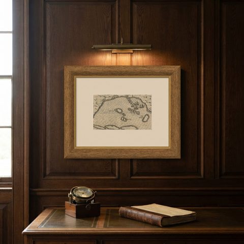 Small Map of Bantam with Dutch Ships and an Engraving of Portugese, 1614, shown framed on a wall, true to size