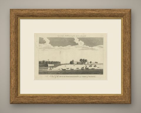 Antique View of Batavia Port Jakarta, Dutch VOC Fortifications 1778, shown framed