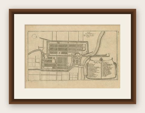 Antique Plan of Batavia in the Dutch East Indies or Indonesia, circa 1695, shown framed