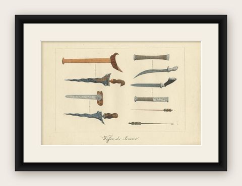 Decorative Antique Print of Traditional Weapons of the Javanese, Indonesia, 1830, shown framed