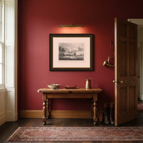 Old Print of Anjer or Anyer, Coastal Town in Banten, West Java, Indonesia, 1844, shown framed in a room, true to size