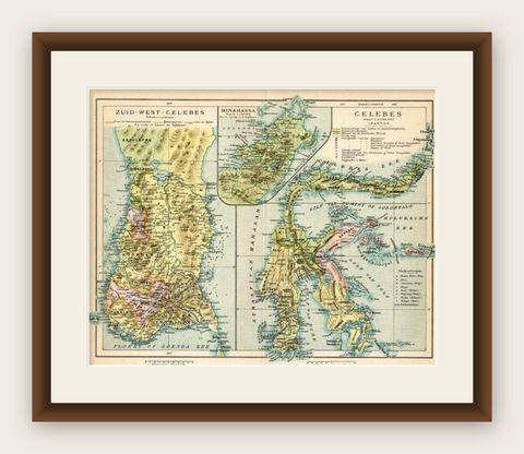 Antique Map of Sulawesi by Winkler Prins, c.1900, shown framed