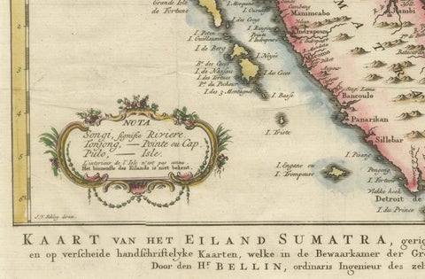 Rare 1770 Bellin Map of Sumatra with Stunning Decorative Cartouches, close-up 2