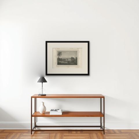 Antique Print of the Governor's House in Surabaya, Indonesia, 1835, shown framed on a wall, true to size