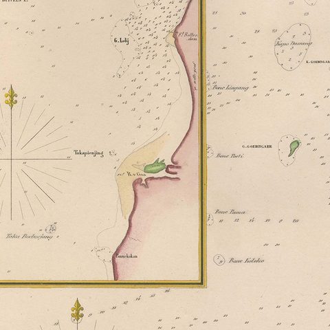 Large Antique Map of the west coast of Celebes, Sulawesi, Indonesia, close-up 1