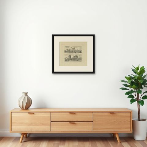Batavia Market Scenes & Government House, Antique Prints VOC Period, c.1780, shown framed on a wall, true to size