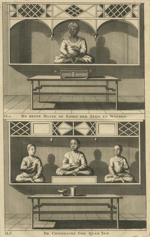 Antique Print of a Chinese Temple and Chinese Deity Calamija by Valentijn, 1726, view 4