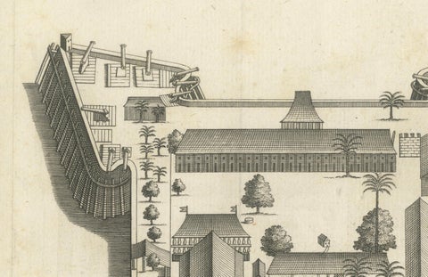 VOC Fort Nassau at Banda of The Spice Islands, Bird’s-eye View Engraving, c.1740, close-up 4