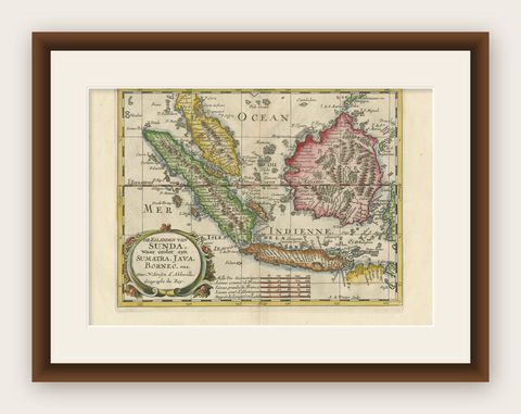 Antique Map of the Sunda Islands Including Sumatra, Java, and Borneo, 1705, shown framed