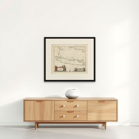 Antique Map of Java by Janssonius, circa 1650, shown framed on a wall, true to size