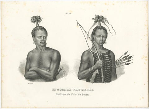 Antique Print of Warriors from Ombai Island, Alor, Archipel, Indonesia, ca.1845, view 2