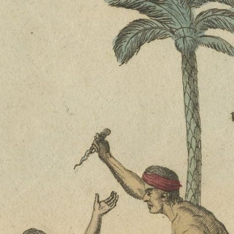 Antique Print of a Domestic Scene on Java, Indonesia, c.1840, close-up 3