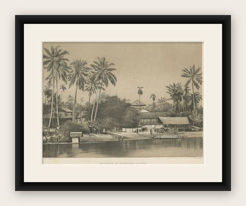 Old Print of a Mosque in a Kampung Java or Village of Javanese, Indonesia, 1874, shown framed