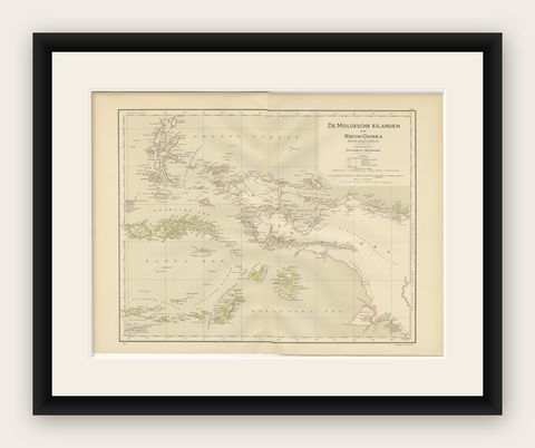 Antique Map of the Moluccas and Irian Jaya (Papua), Indonesia, 1900, shown framed