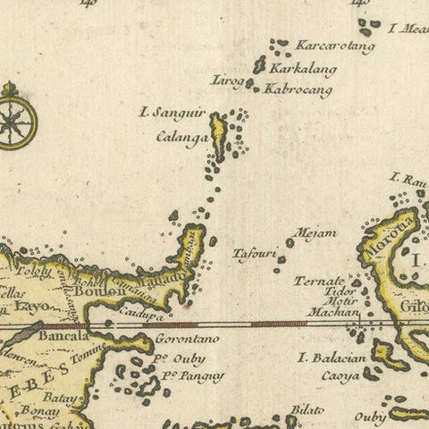 Old Original Antique Map of the Islands of East Indonesia, 1756, close-up 1
