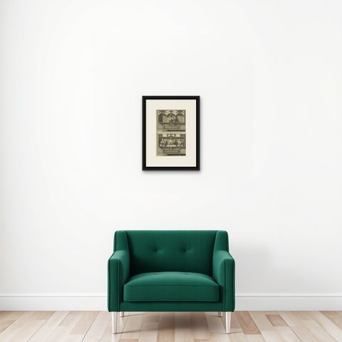 Antique Print of a Chinese Temple and Chinese Deity Calamija by Valentijn, 1726, shown framed on a wall, true to size