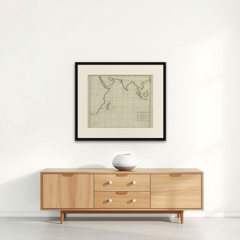 Old Map of Indian Ocean & Sumatra, Java, Borneo, India, Arabia, Africa, c.1783, shown framed on a wall, true to size
