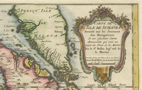Rare 1770 Bellin Map of Sumatra with Stunning Decorative Cartouches, close-up 4