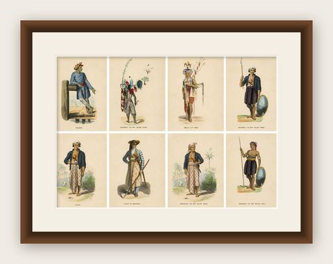 Antique Ethnographic Prints of Indonesia & Timor Islands, Set of 8, 1852, shown framed