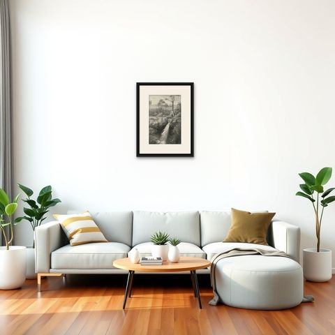Antique Print of a waterfall near Tondano (Indonesia) by C.W.M. van de Velde, shown framed in a room, true to size
