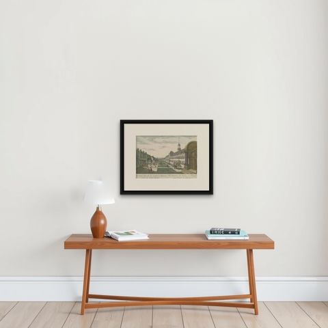 Antique Print of the Inner Courtyard of the Castle at Batavia by Habermann, shown framed on a wall, true to size