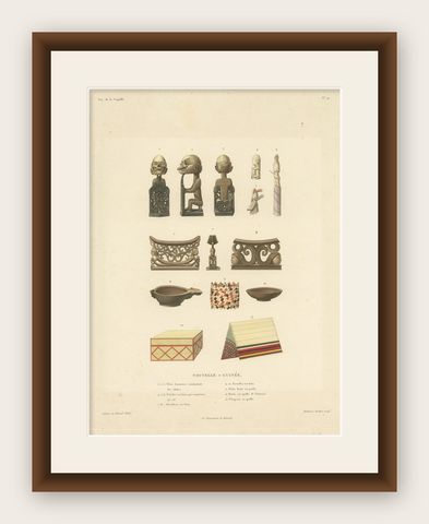 Antique Print of Artifacts from New Guinea, shown framed