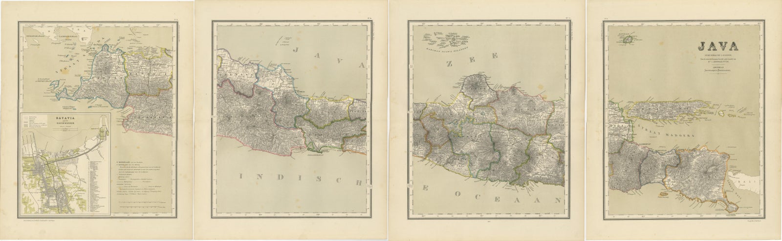 Four Antique Java Maps with Batavia Plan, Dutch East Indies Wall Set 1880s
