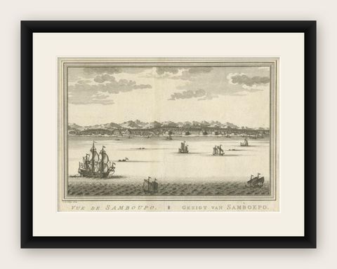 Antique Print of Samboupo, Celebes or Sulawesi in Indonesia, circa 1750, shown framed