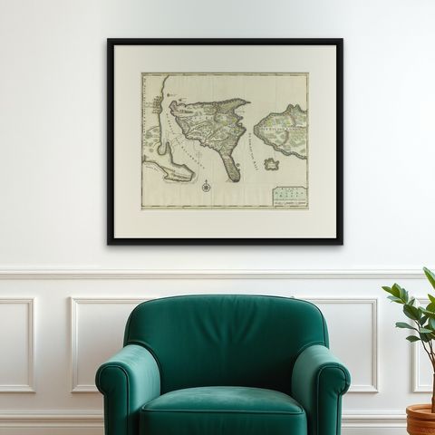 1726 Valentyn's Map of Bali and Lombok, Original Engraving, shown framed on a wall, true to size