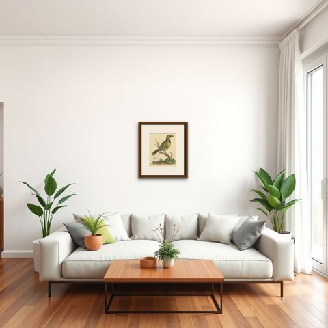 Antique Bird Print of a Green Pie from the East Indies, shown framed in a room, true to size