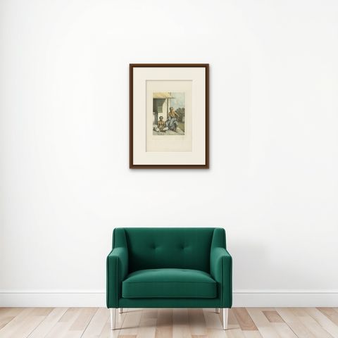 Antique Print of Javanese Stableboys by Van Pers, circa 1850, shown framed on a wall, true to size