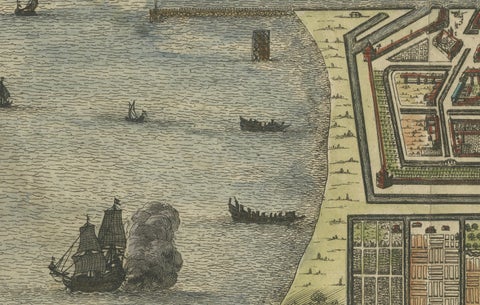 Rare 17th Century Map of Batavia and Castle on Java by Isaac de l'Obel, close-up 2