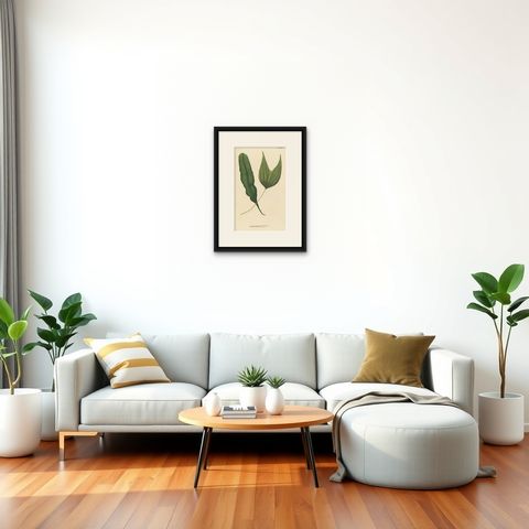Lushly Handcolored Lithograph of Ferns of Java 'Polypodium', 1829, shown framed in a room, true to size