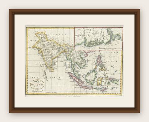 1782 Map of the East Indies, India, Siam, Philippines, Java, Borneo, Ganges, shown framed