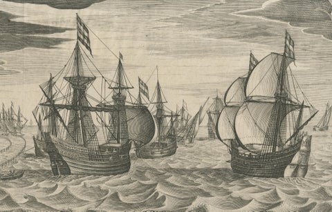 Antique Print of a Fleet of Nine Ships Departing to the East Indies '1603', view 4