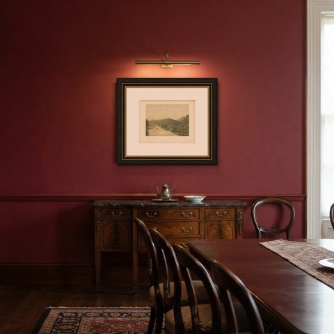 Antique Print of a Steamship at the Legundi Strait by M.T.H. Perelaer, 1888, shown framed in a room, true to size