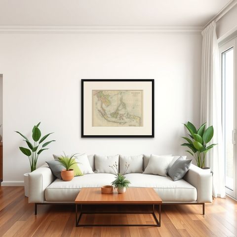 Antique Map of the East Indies by A & C. Black, 1870, shown framed in a room, true to size