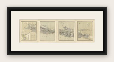 Four Antique Java Maps with Batavia Plan, Dutch East Indies Wall Set 1880s, shown framed